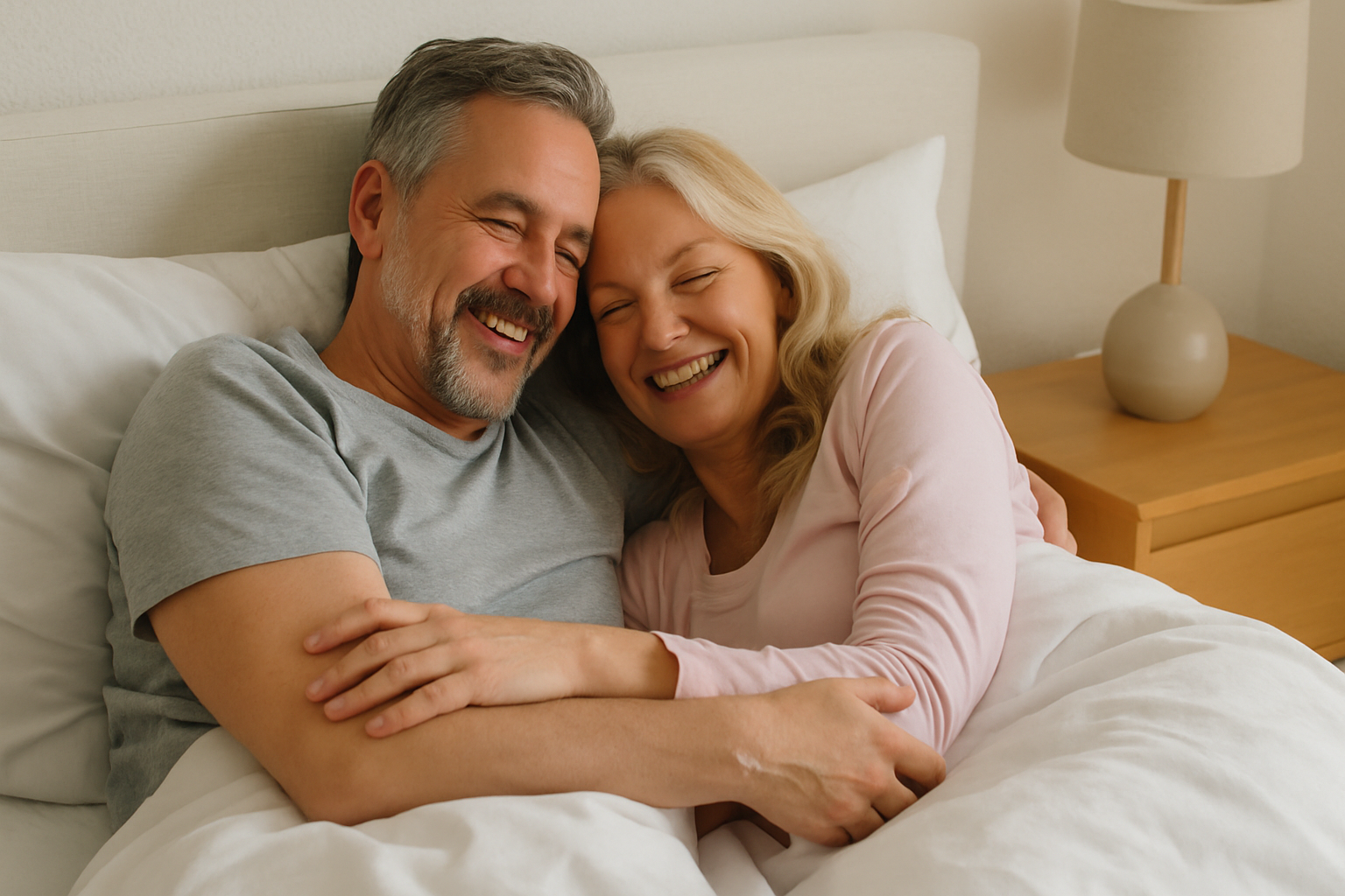 Happy couple smiling together in bed